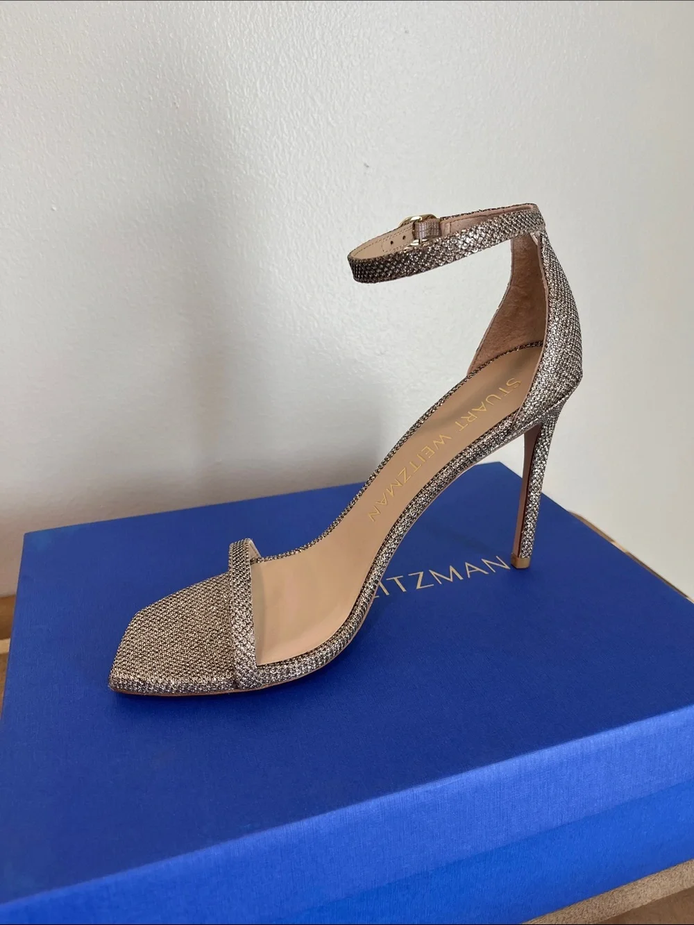 Stuart Weitzman Metallic Gold Ankle-Strap Stiletto Sandal Retail $475